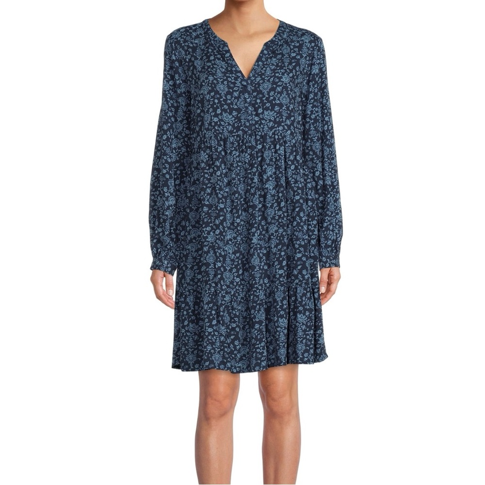 Beach Lunch Lounge Floral Long Sleeve Cottagecore Boho Blue Mini Dress XXL